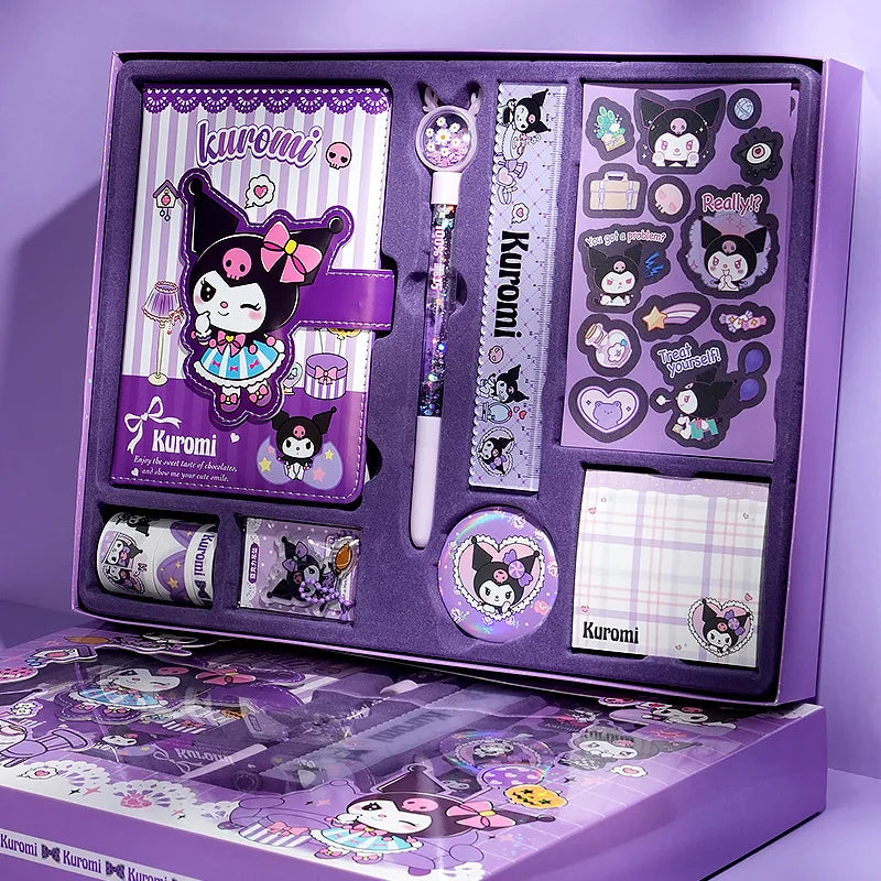 (FREE SHIPPING) Sanrio Stationery Set My Melody Kuromi Hard Cover Journal Notebook Stickers Pen Ruler Gift Pack School Supplies