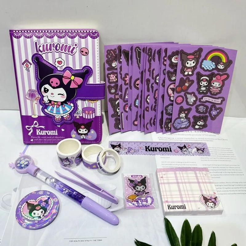 (FREE SHIPPING) Sanrio Stationery Set My Melody Kuromi Hard Cover Journal Notebook Stickers Pen Ruler Gift Pack School Supplies