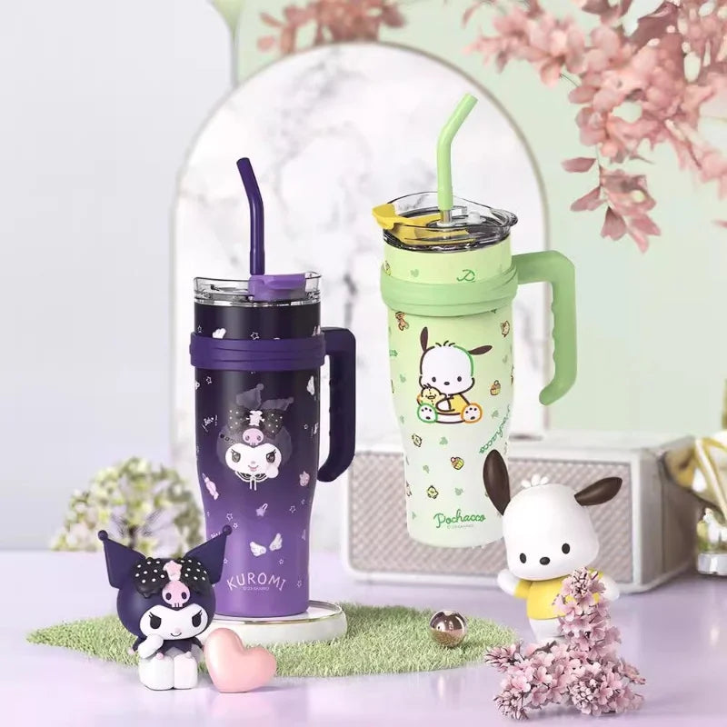(FREE SHIPPING) Sanrio Family Characters Portable Water Cup Large Capacity Metal Straw Thermos Cold Hot Drink