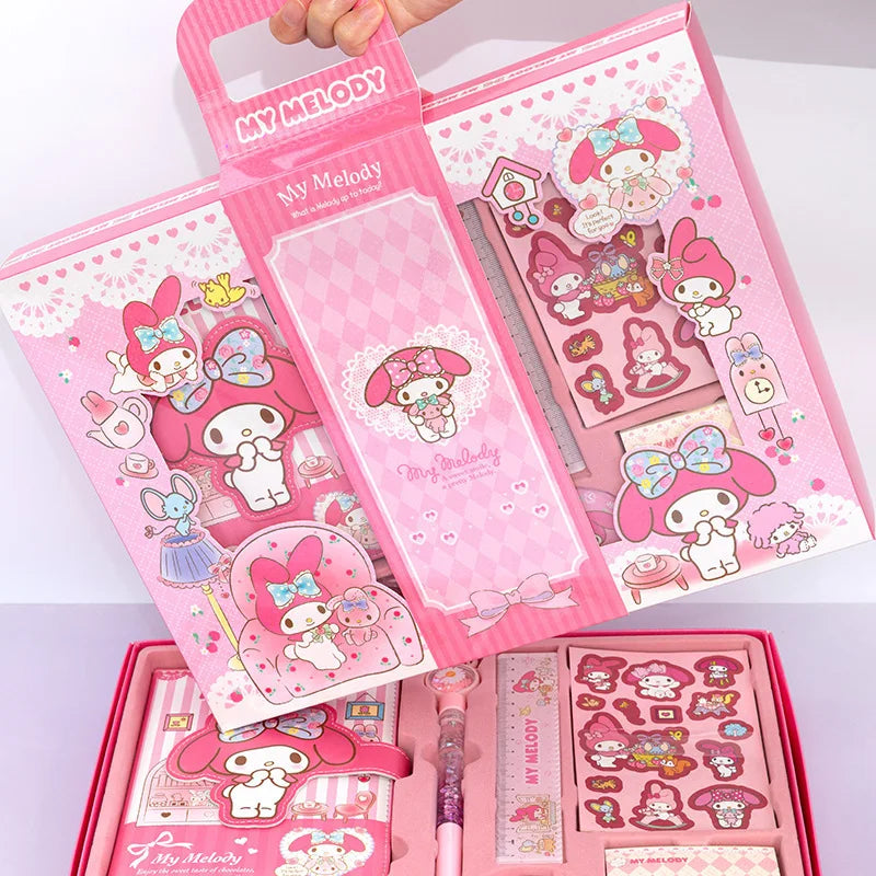 (FREE SHIPPING) Sanrio Stationery Set My Melody Kuromi Hard Cover Journal Notebook Stickers Pen Ruler Gift Pack School Supplies