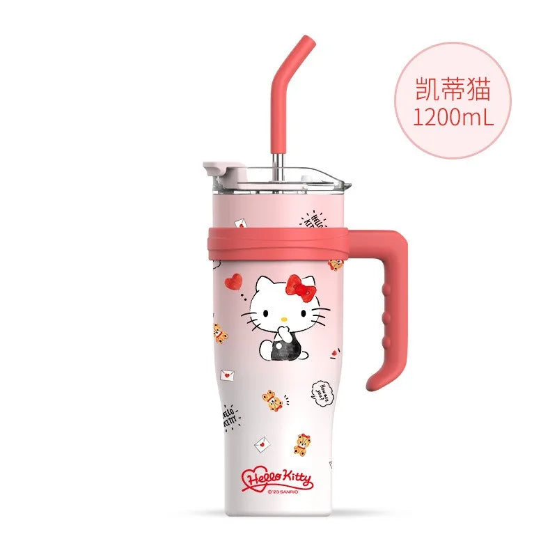 (FREE SHIPPING) Sanrio Family Characters Portable Water Cup Large Capacity Metal Straw Thermos Cold Hot Drink