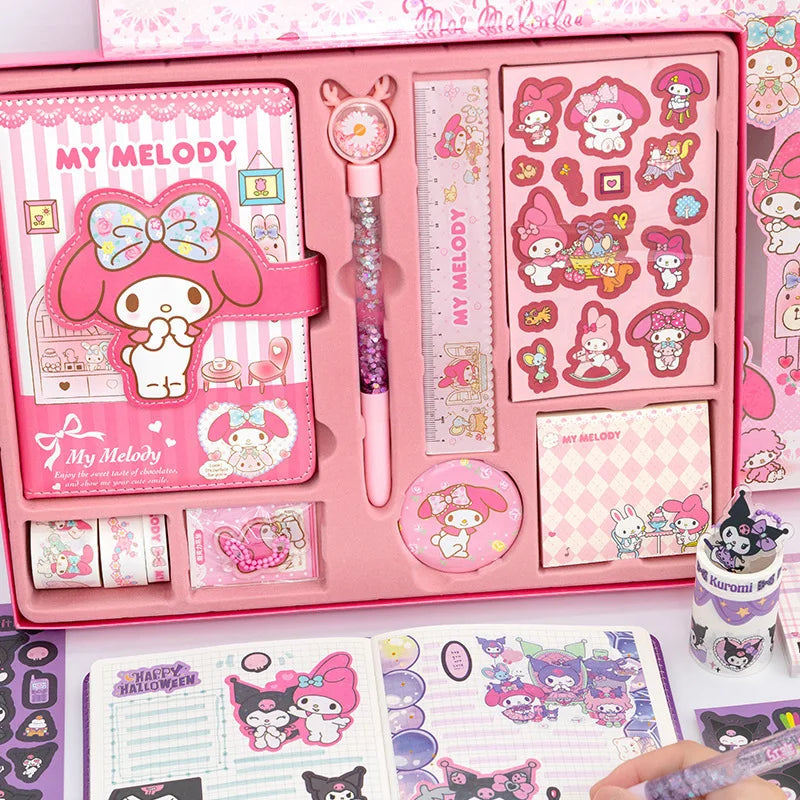 (FREE SHIPPING) Sanrio Stationery Set My Melody Kuromi Hard Cover Journal Notebook Stickers Pen Ruler Gift Pack School Supplies