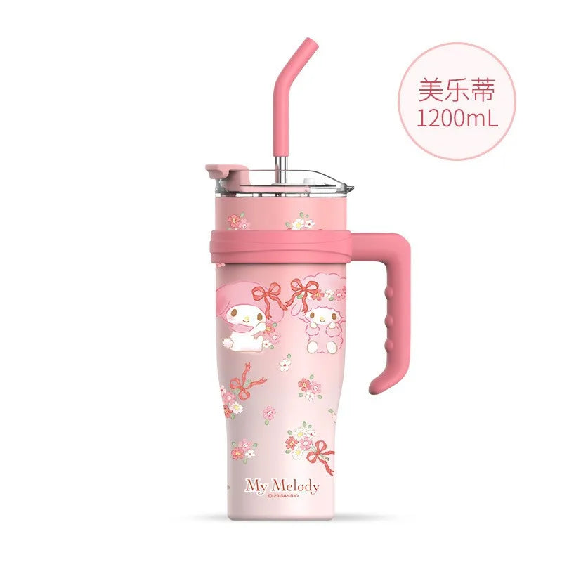 (FREE SHIPPING) Sanrio Family Characters Portable Water Cup Large Capacity Metal Straw Thermos Cold Hot Drink