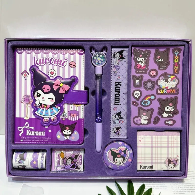(FREE SHIPPING) Sanrio Stationery Set My Melody Kuromi Hard Cover Journal Notebook Stickers Pen Ruler Gift Pack School Supplies