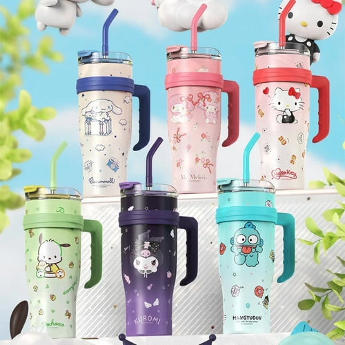 (FREE SHIPPING) Sanrio Family Characters Portable Water Cup Large Capacity Metal Straw Thermos Cold Hot Drink