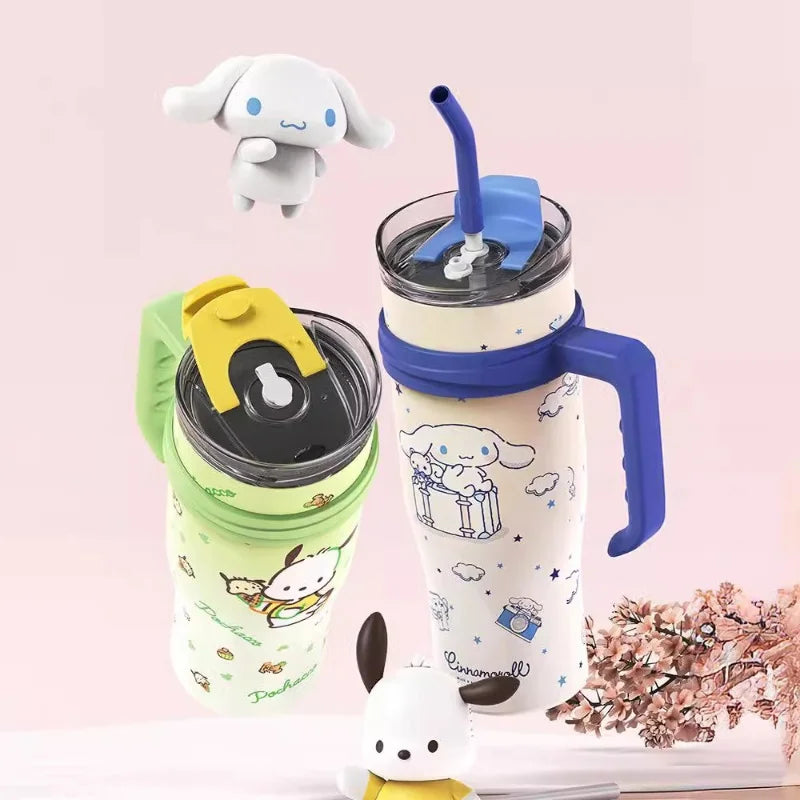 (FREE SHIPPING) Sanrio Family Characters Portable Water Cup Large Capacity Metal Straw Thermos Cold Hot Drink
